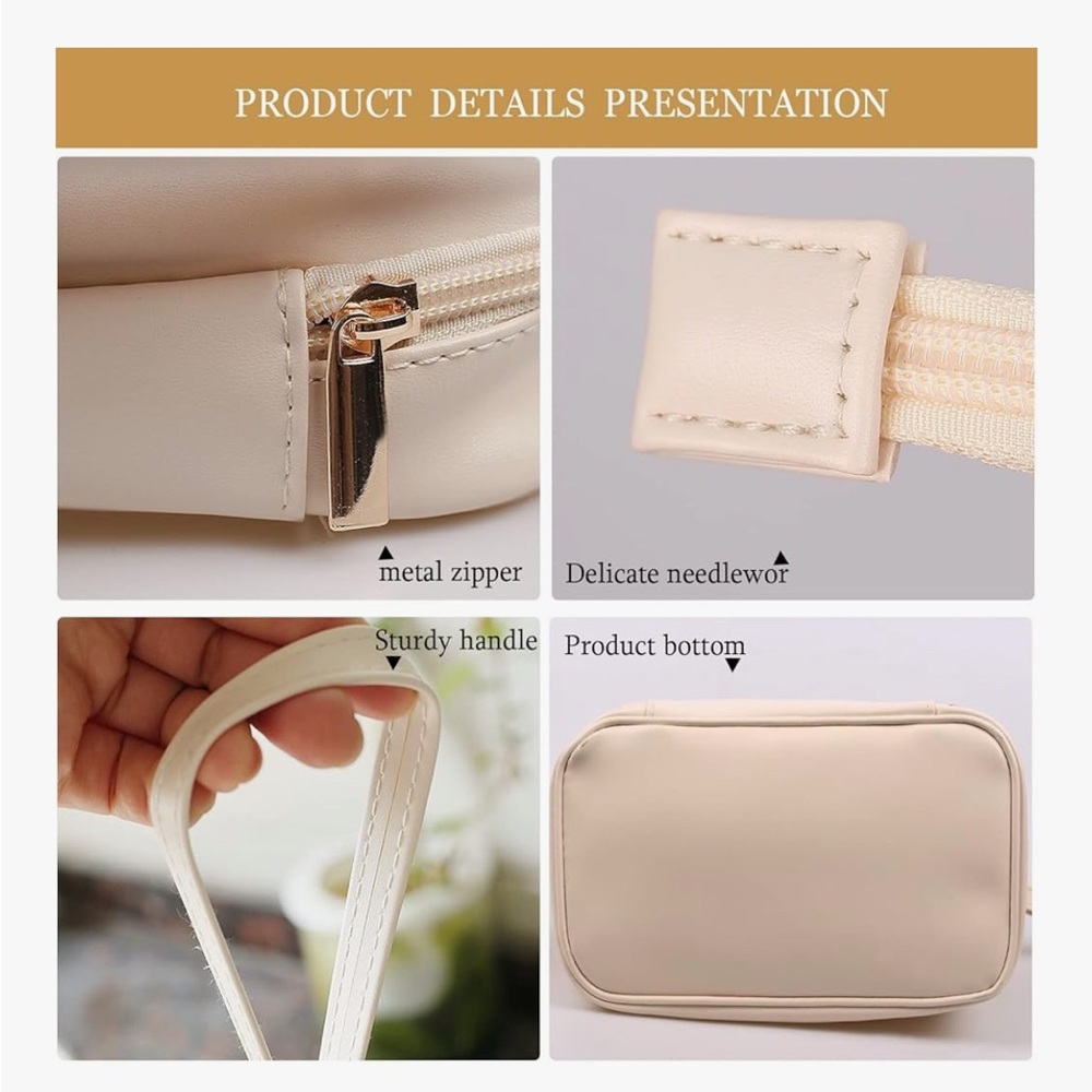 Beige Women's Cosmetic Bag with Dual Compartments and Wrist Strap - Picture 6 of 6